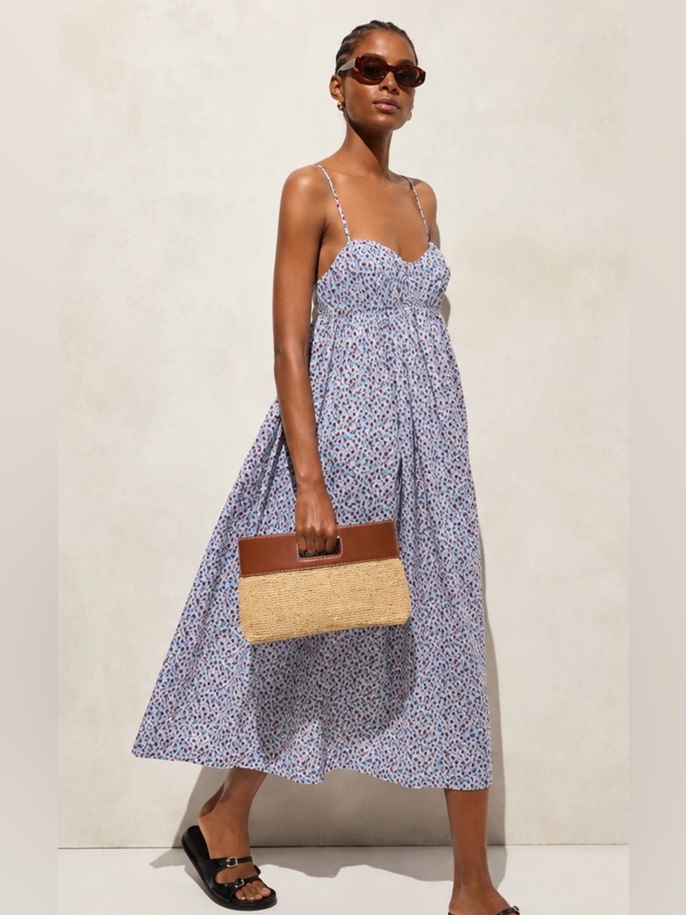 J. Crew Light Blue Floral Spaghetti-Strap Midi Dress